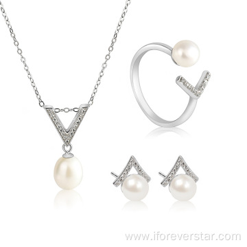 Sterling Silver Pearl Earrings Jewelry Set For Women